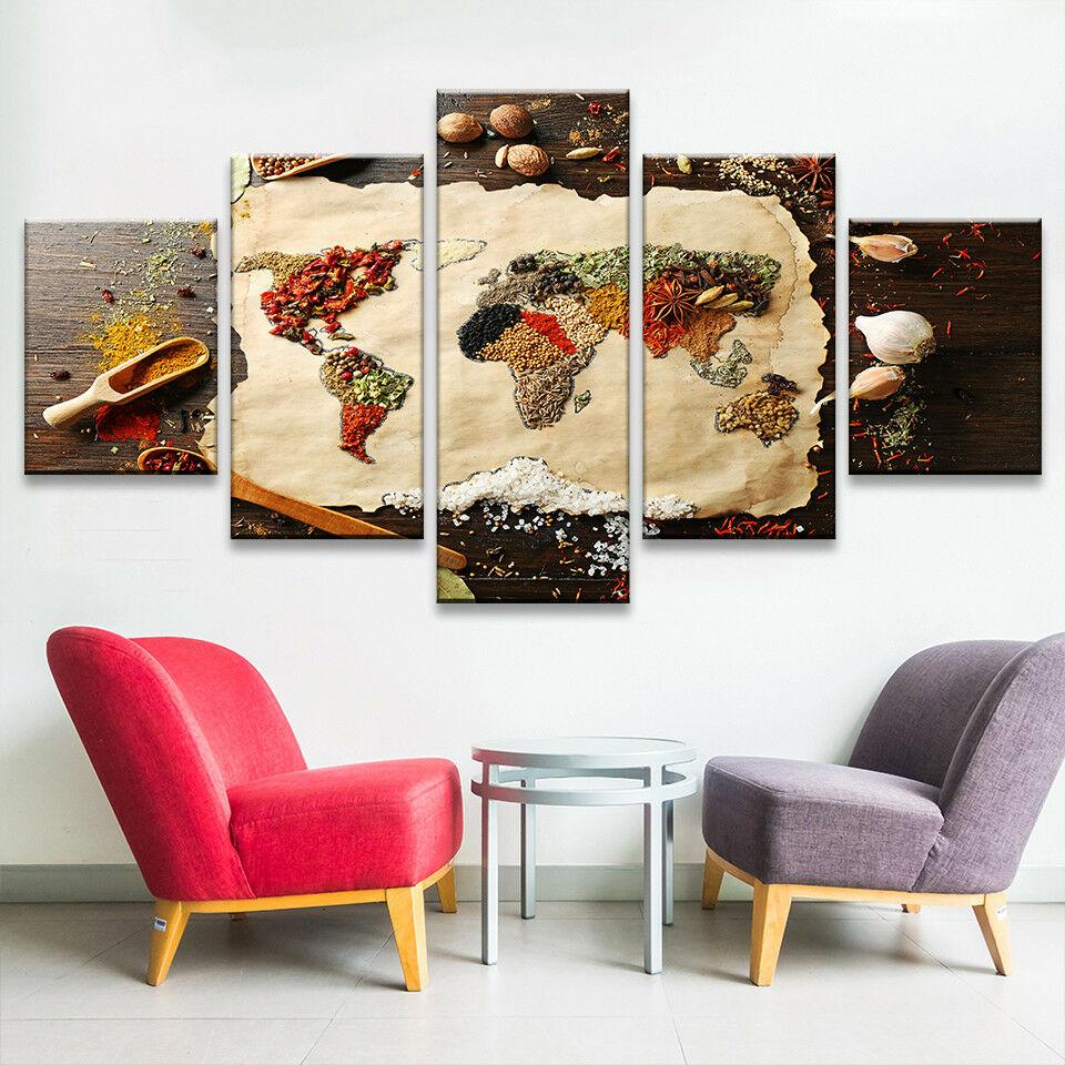 Специи Карта мира Любовь Кухня 5 шт. HD Wall Art Print HD Печать плакатов Картины маслом Гостиная Домашний декор Фотографии