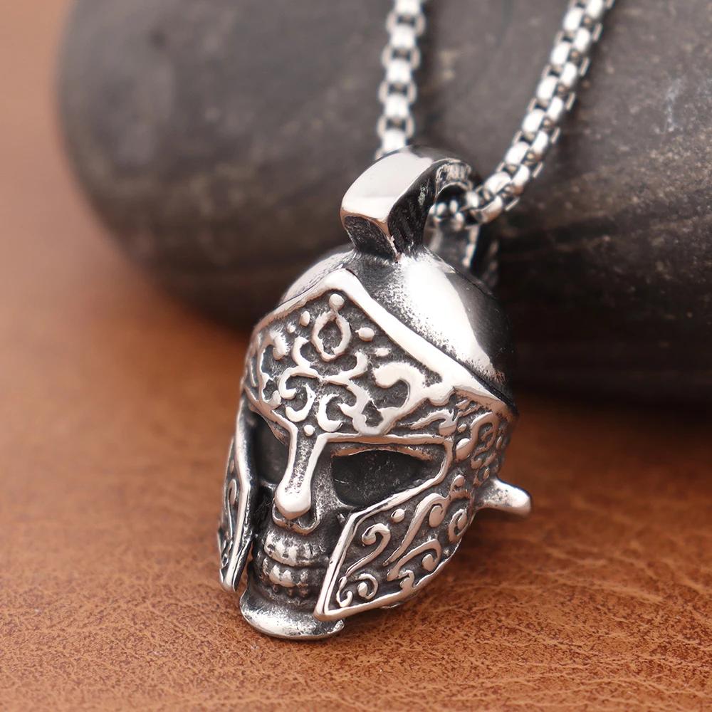 Spartan Helmet Skull Pendant Necklace Stainless Steel Gothic Punk Jewelry Halloween Gift for Men Women Adjustable Biker Chain