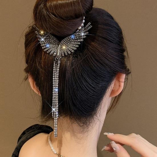 Lady Ponytail Claw Wings Shape Shiny Rhinestone Faux Pearl Long Tassel Multi Teeth Stainless Hair Decoration Lightweight Bridal Hair Bun Hair
