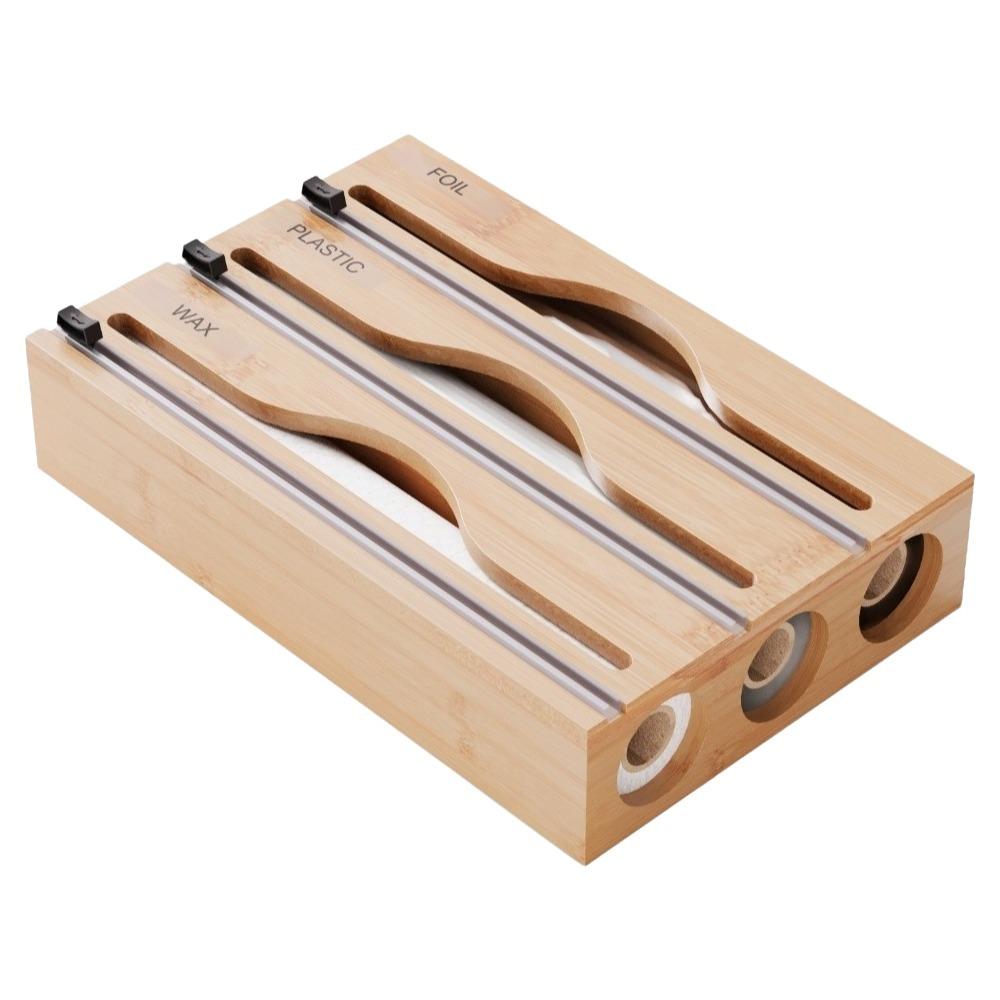 Bamboo Cling Film Cutter Box Wall Mounted Refillable Plastic Wrap Cutter Box 2 /3 Grids Minimalist Tin Foil Cutter Restaurants