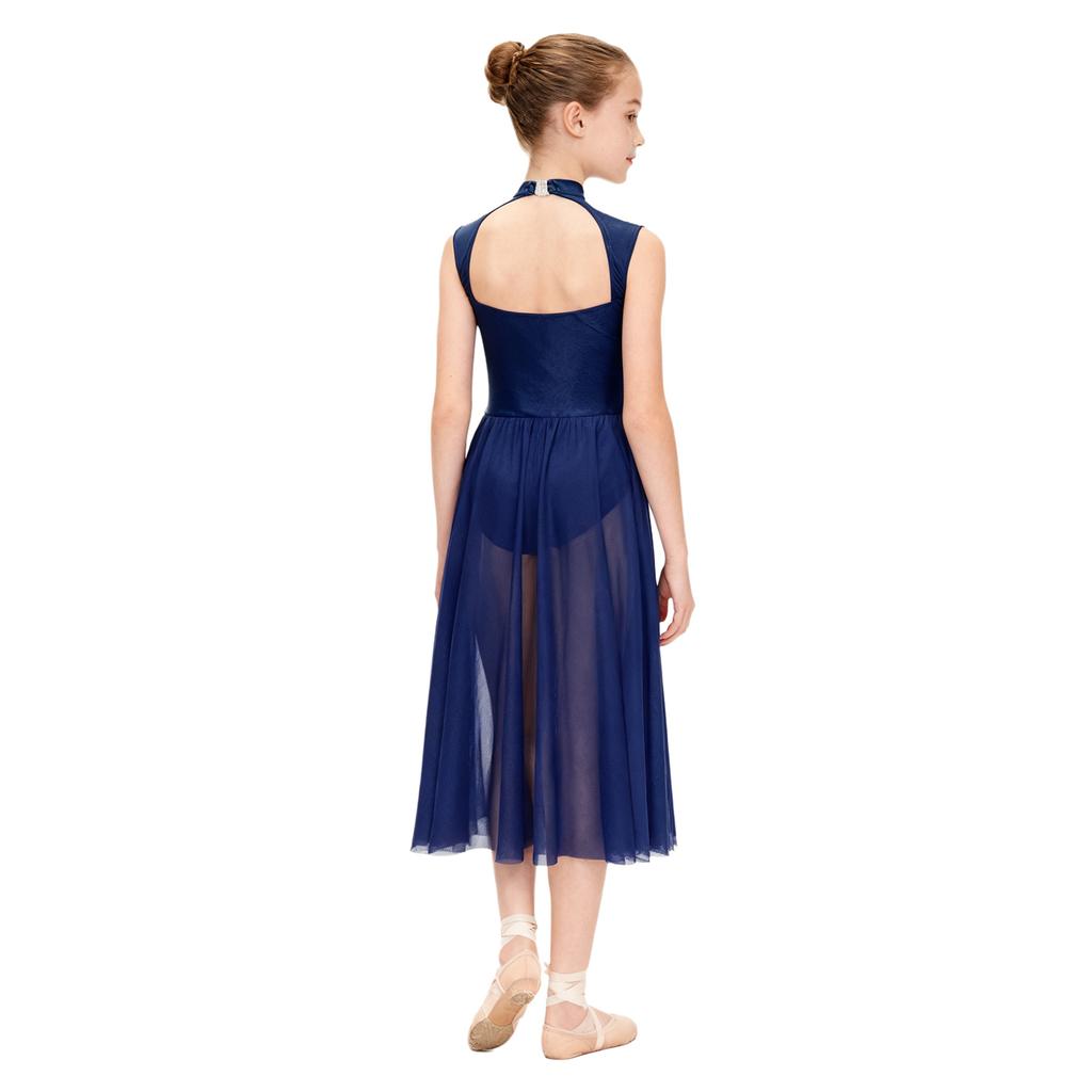 Дышащее платье для лирического танца для девочек: Цветочный кружевной пэчворк на удобном трико без рукавов с элегантными деталями