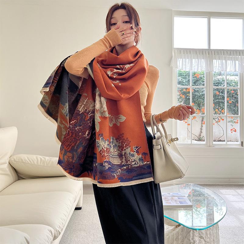 New Winter Imitation Cashmere Scarf for Women Literary Light and Luxurious Style Jiangnan Jacquard Scarf Plus Velvet Warm Shawl