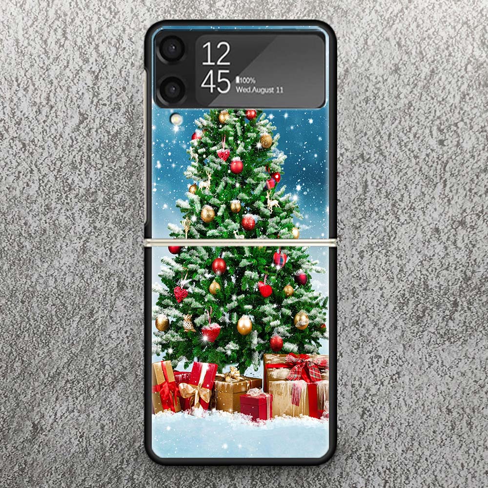 Merry Christmas Tree Snow Print Case For Samsung Galaxy Z Flip 3 4 5 6 7 5G Phone Shell Flip7 Flip6 Flip5 Flip4 Flip3 Pattern Co