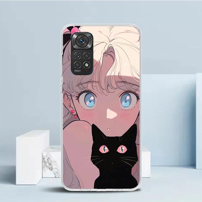 Милый черный кот в стиле аниме Чехол для телефона Xiaomi Redmi Note 15 14 14S 13 12S 12 Pro Plus 11S 11 11T 11E 10S 10 + Мягкий ТПУ Задняя крышка C