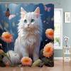 Забавная шторка для душа с животными Милый кот в цветах с порхающей бабочкой Полиэстер Моющаяся шторка для душа Декор для ванной комнаты