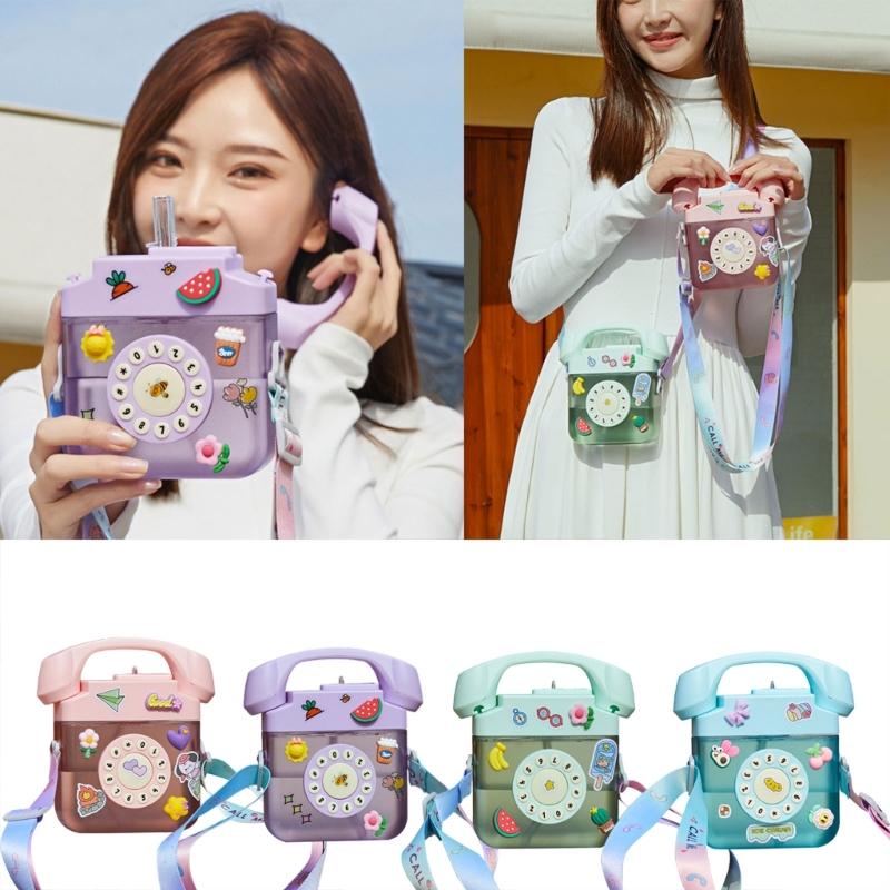 Portable Plastic Drinking Bottle Aesthetic Water Bottle Telephone Shape Water Bottle with Straw Water Bottle with Strap