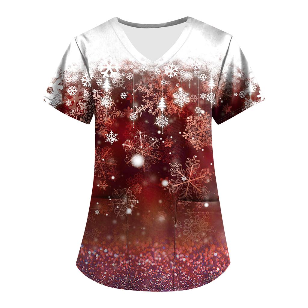 Большой размер Принтованный скраб Рабочая униформа Топы для женских V-образный вырез с запахом Принт Короткий рукав Веселые футболки Рабочая одежда Футболка с карманами