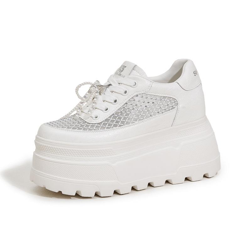 Женские новые осенние сандалии на толстой подошве с сеткой и стразами, универсальные дышащие туфли для женщин, увеличивающие рост за счет внутренней высоты