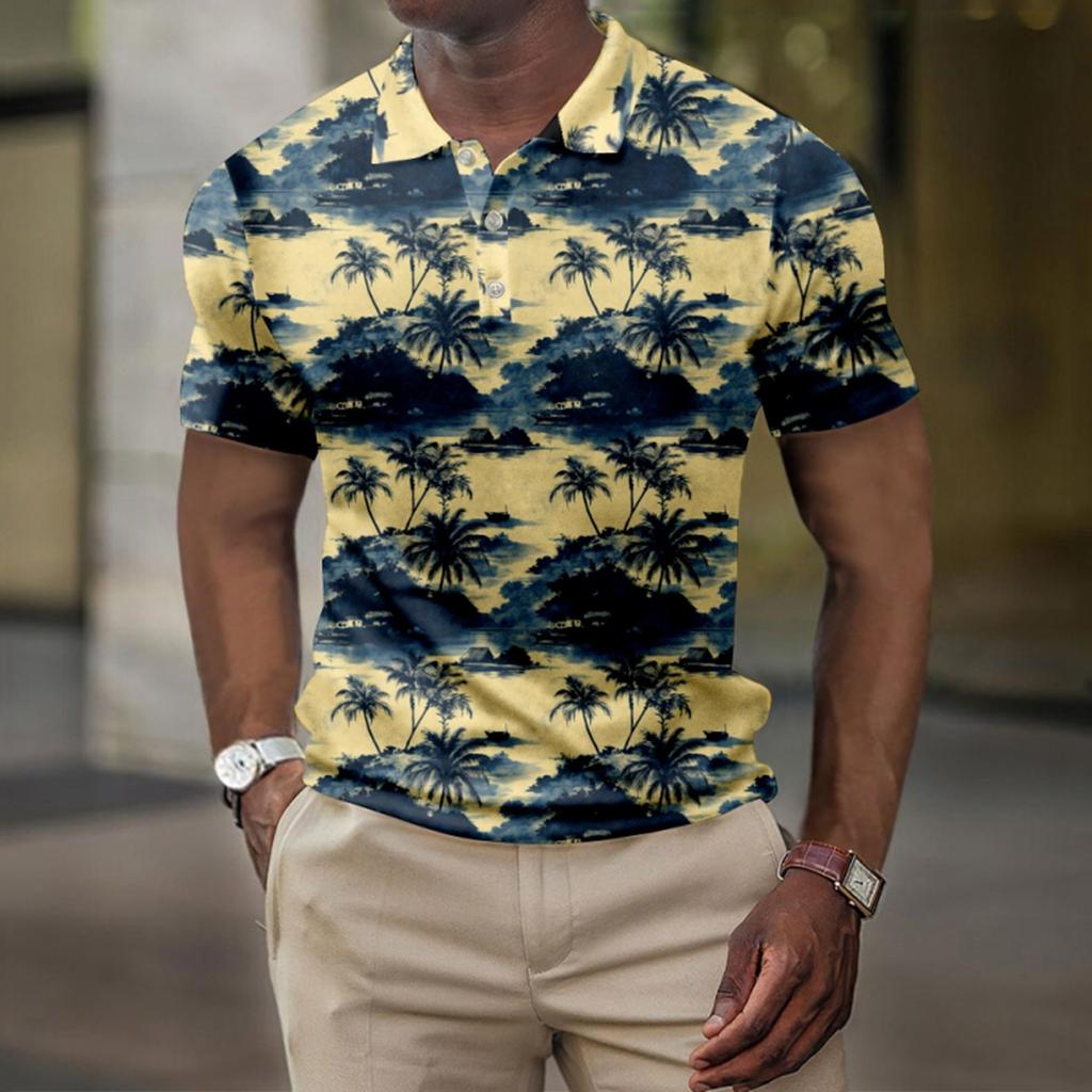 Men's Summer Hawaii Printed Golf Shirt Botton Short Sleeve Top Men's Casual Fashion Shirt