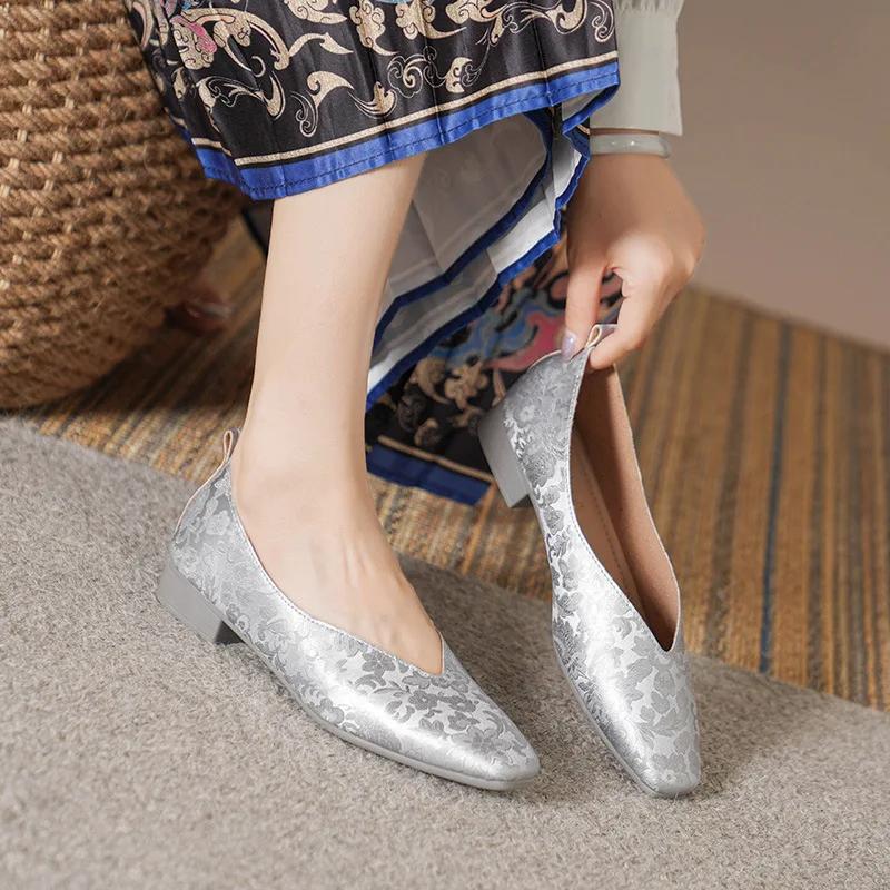 Fashion Woman Fashion Summer Square Toe Gold Green Flats Elegant Female Printing Texture Casual Buckle Mary Jane Shoes Big Size 34-43