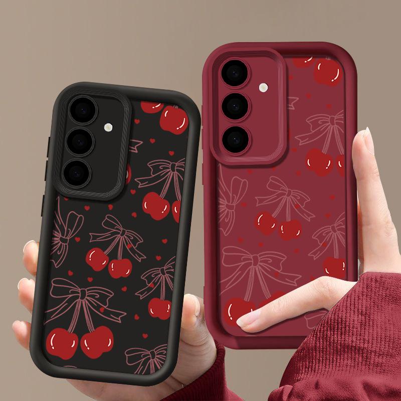 Cherry Pattern Matte Soft Case For Smausng S25 Plus S24 FE S23 Ultra A36 A56 A16 A26 A15 A55 A35 A06 Lens Protection Shockproof TPU Phone Cover