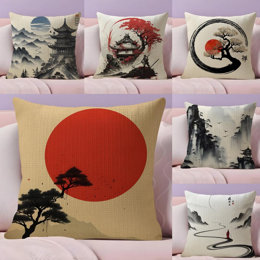 Chinese Ink Painting Style Cushion Cover Natural Linen Organic Fabric DoubleSided Printing Sofa Home Decor Breathable