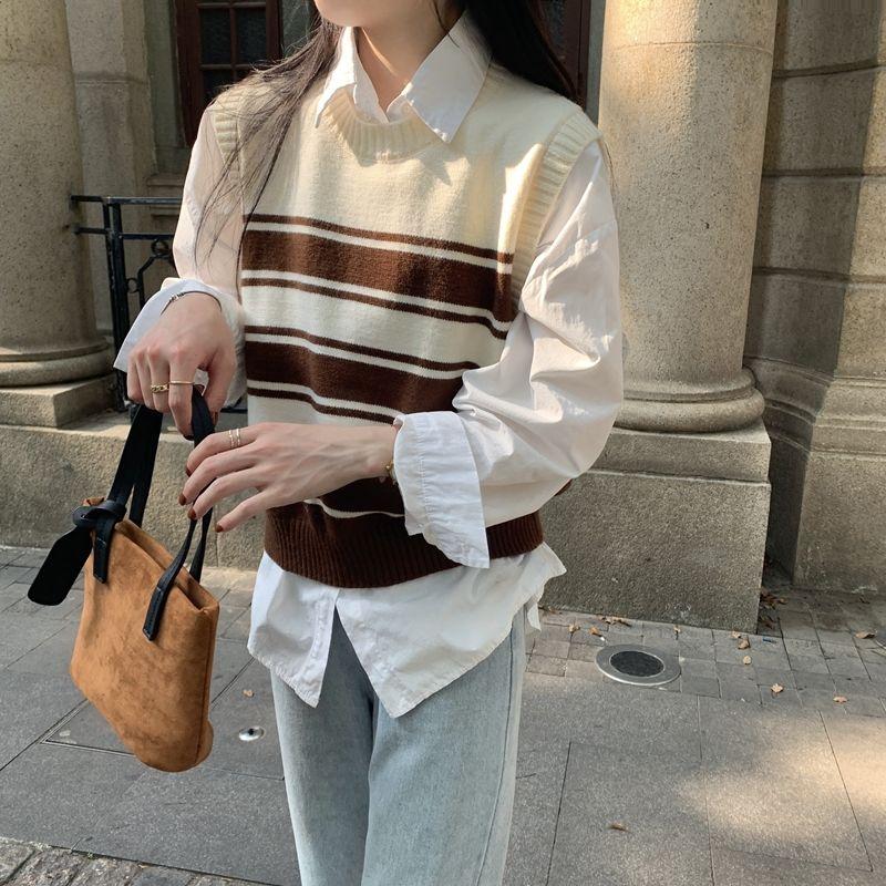 Sweater Vest Autumn and Winter Korean Edition Contrast Stripe Inner Knitted Vest Female Sleeveless Sweater Pullover Female Top