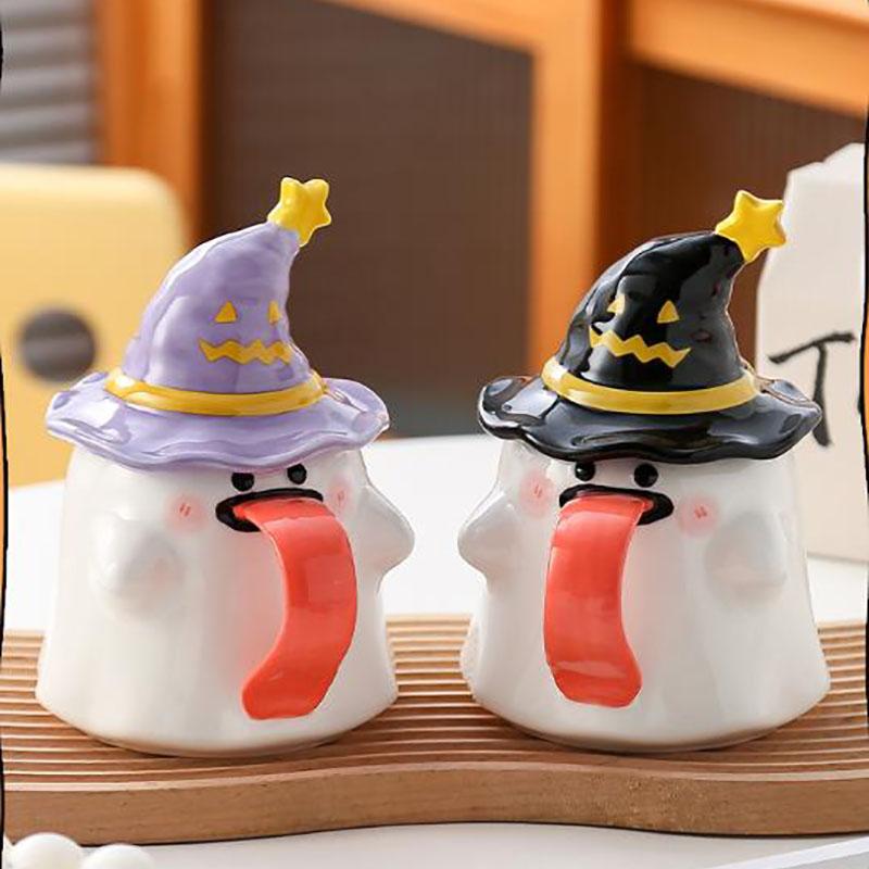 Halloween Ceramic Coffee Cup with Lid Cute Imp Ghost Mug European Afternoon Camellia Flower Teacup Breakfast Milk Mug Gifts New