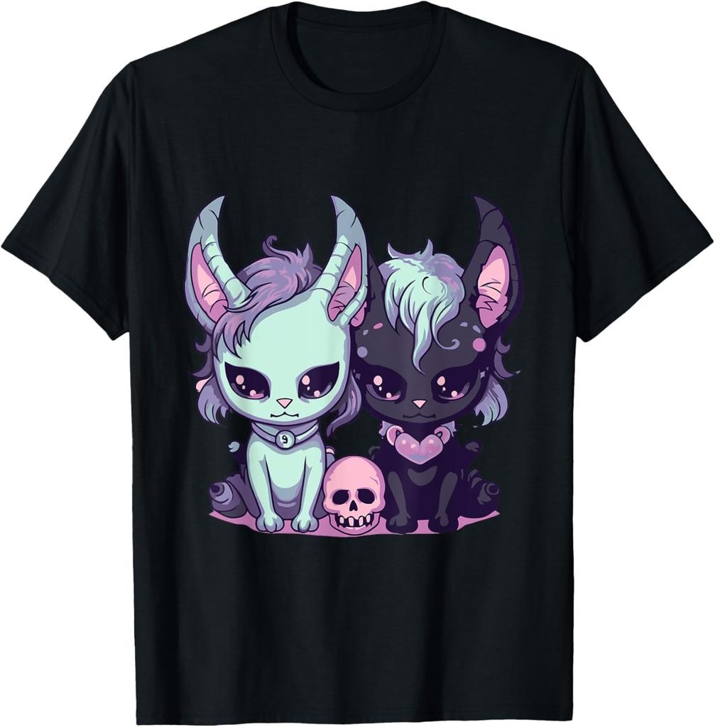 Kawaii Pastel Goth Cute Creepy Cat Bat Skeleton T-Shirt Print Original Design Gifts T Shirts Mens Clothing Camisas Streetwear
