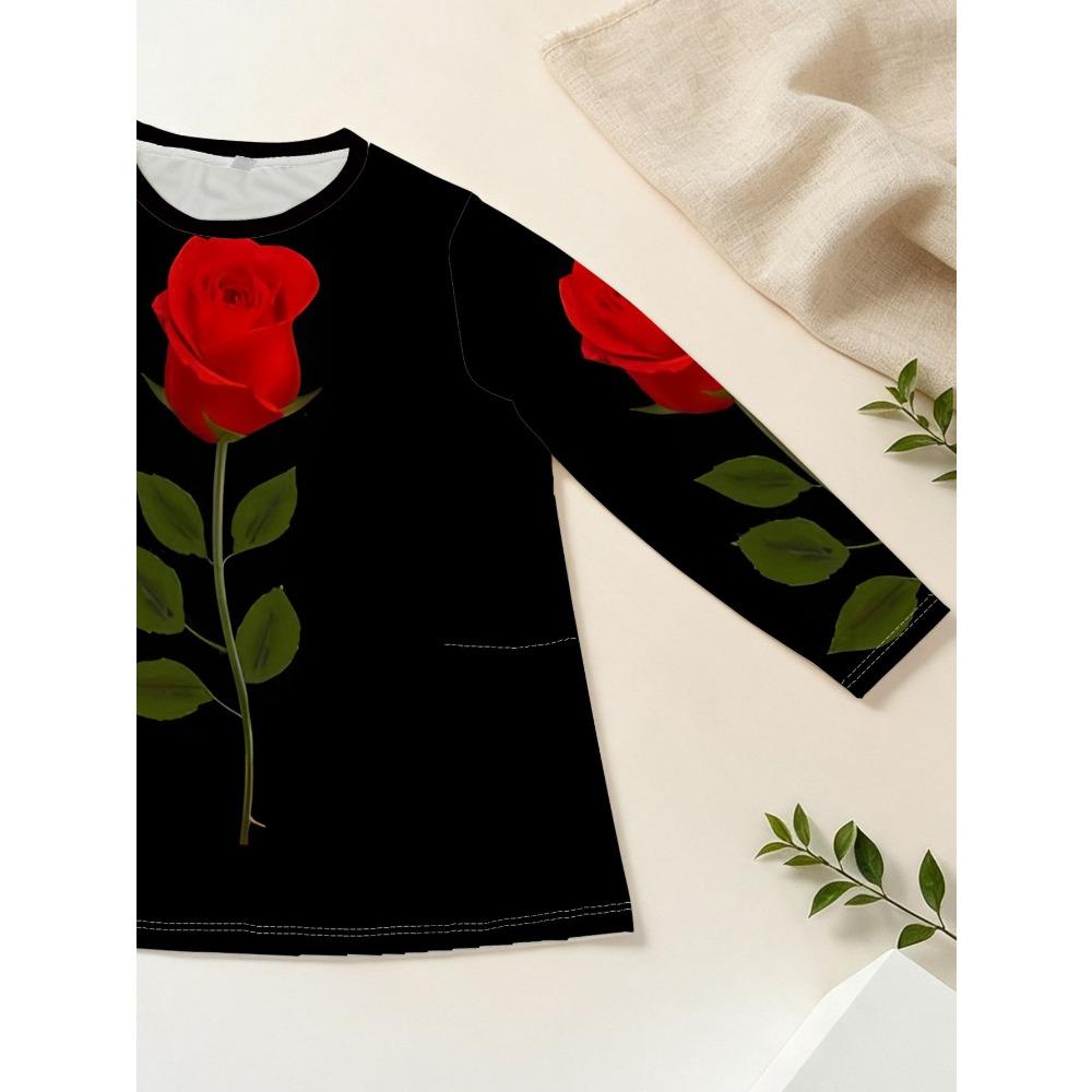 Women's Plus Size Pocket Design Rose Print Loose Long Sleeve T-Shirt