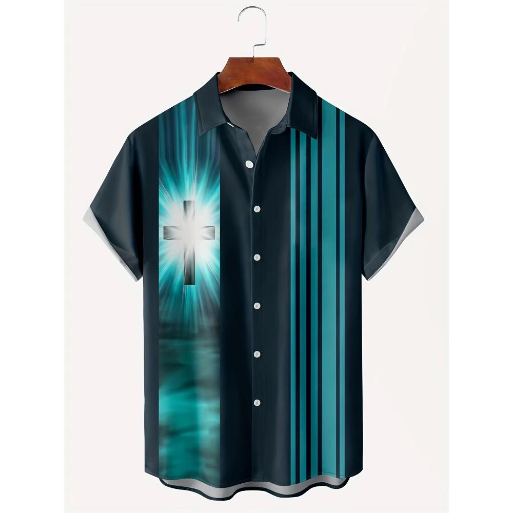 Men's Hawaiian Beach Resort Casual Shirt Summer Fashion Loose Weave Breathable Short-Sleeved Striped Print Loose Streetwear