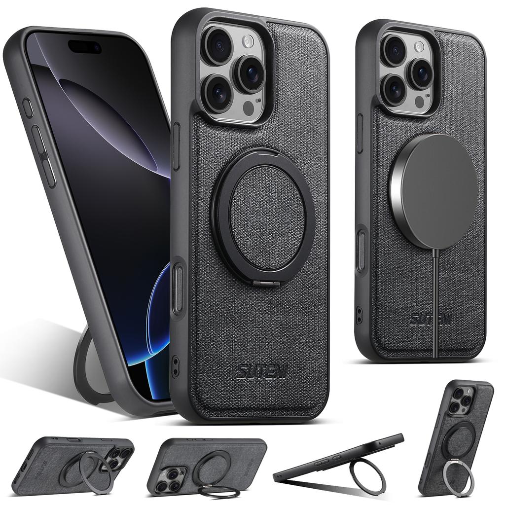 SUTENI G3 For iPhone 16 Pro Max Magnetic Case Rotating Ring Kickstand Jeans Texture PU TPU Phone Back Cover