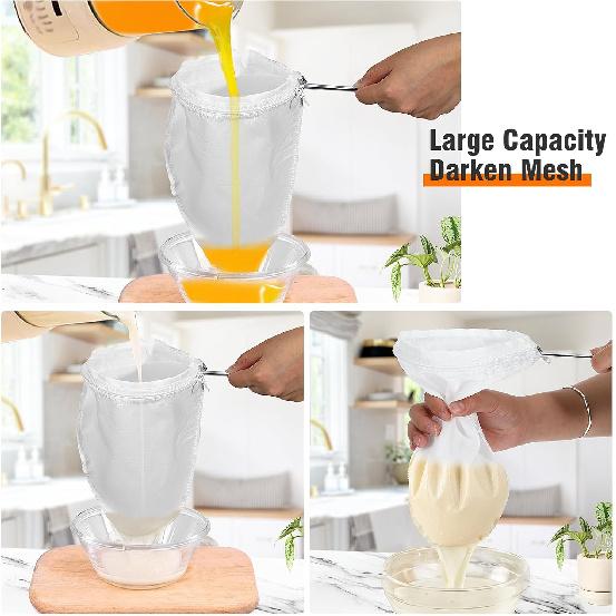 2 Pack Ultra Fine Mesh Strainer Bag with 1 Stainless Steel Frame Handle, Reble Food Grade Juice Strainer with Filter Zipper Bags Cheese Cloths for