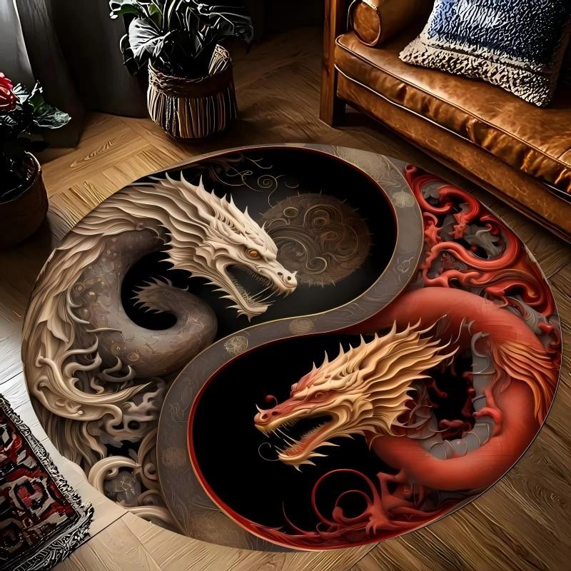 Yin Yang Dragon Printed Round Carpets for Home Living Room Rug Bedroom Decor Rug Non Slip Washable Flannel Floor Mat
