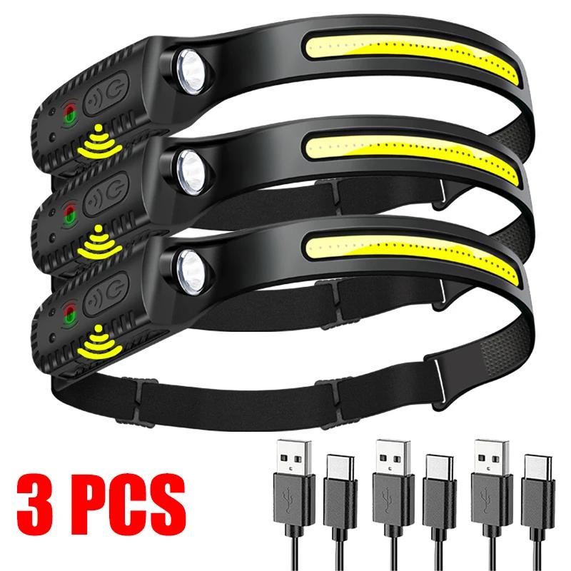 Светодиодный налобный фонарь с датчиком COB, USB-перезаряжаемый фонарь со встроенным аккумулятором, 5 режимов освещения, Налобный фонарь, Наружный, Аварийный, Рабочий фонарь