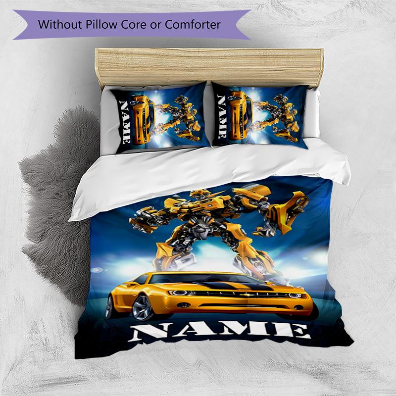 3pcs Custom Name Cartoon Optimus Prime & Bumblebee Bedding Set Duvet Cover Closure Includes 1 Duvet Cover & 2 Pillowcases for All Seasons Bedroom Deco