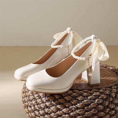Женские элегантные черные модные туфли-лодочки на высоком каблуке с бантом и квадратным носком, свадебные туфли на толстом каблуке для свадебной вечеринки, жемчужные кружевные свадебные туфли для женщин
