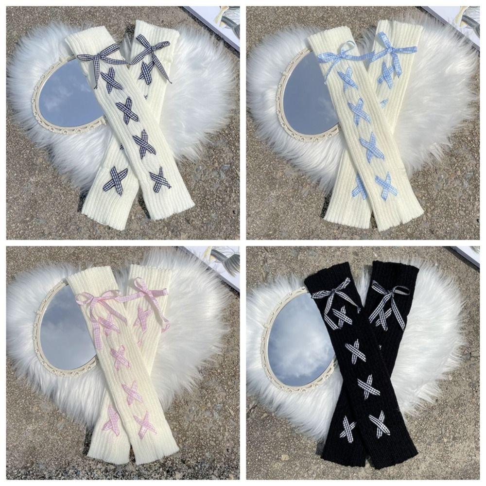 Ballet Style Bow Knitted Gloves Japanese Half Finger Oversleeves Fashion Y2k Long Gloves Girls