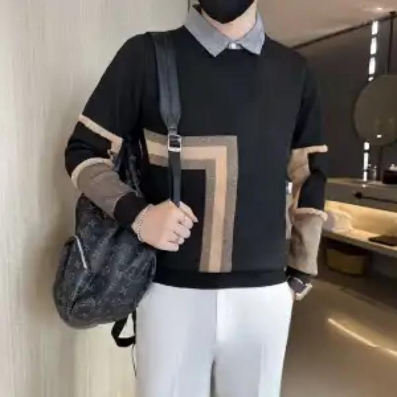 Мужской пуловер, геометрический лацкан, контрастный цвет, длинный рукав, облегающий, имитация двух частей, рубашка с воротником, вязаный базовый топ