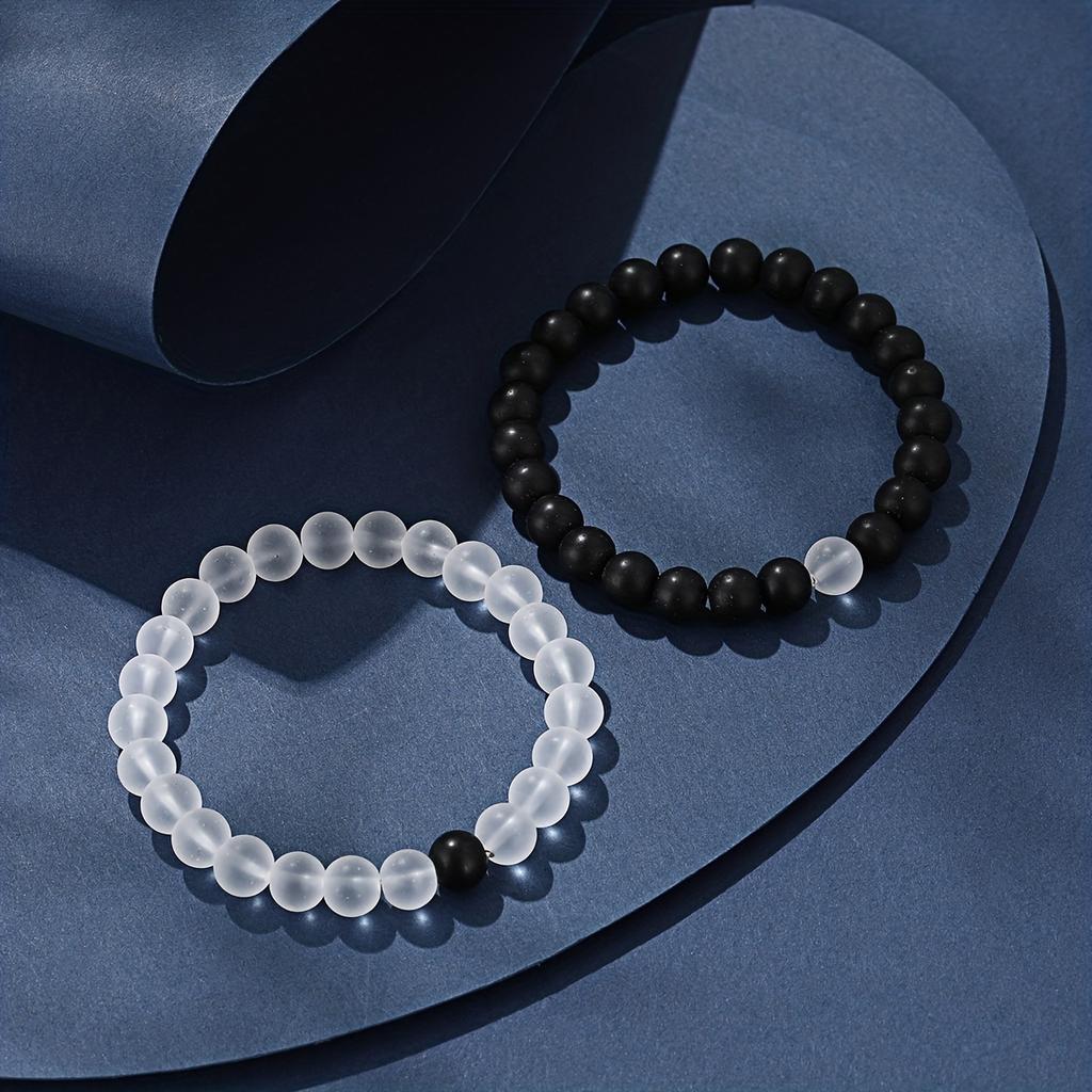 2pcs Beaded Bracelet, Boyfriend Gift Dating Gift Black and White Round Bead Bracelet