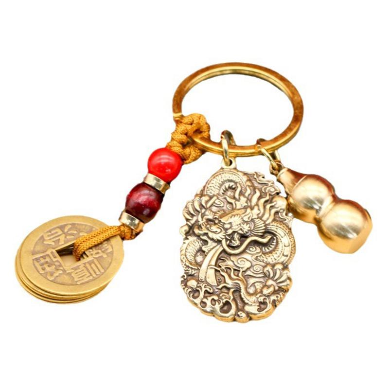 Vintage Brass Beast Dragon Lucky Rope Keychain Pendant Chinese Zodiac Dragon Animals Car Key Chain Bag Feng Shui Hanging Gift