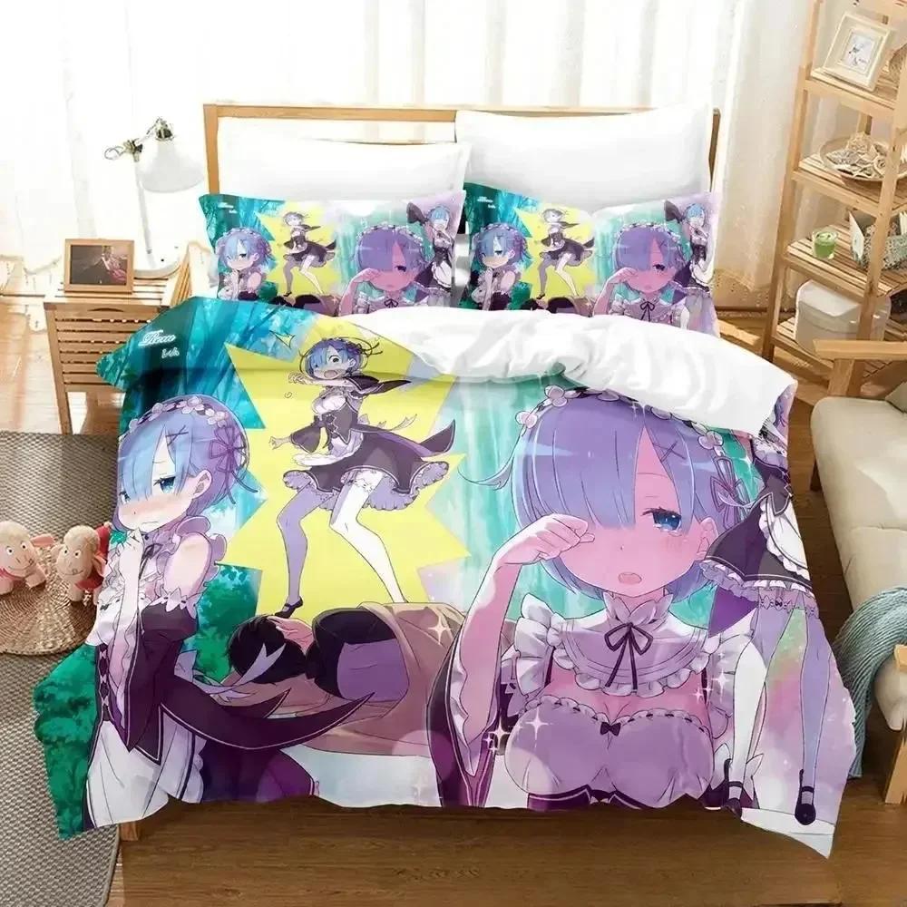 Comforter 3D Anime Re Zero Rem Ram Emilia Bedding Set Bed Set Comforter King Queen Size Boys Adult