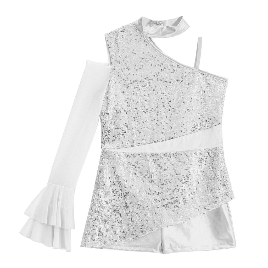 Девочки Пеплум Купальник Танцевальный Костюм Асимметричный Дизайн с Открытым Плечом с Прозрачными Сетчатыми Рукавами-Воланами Боди