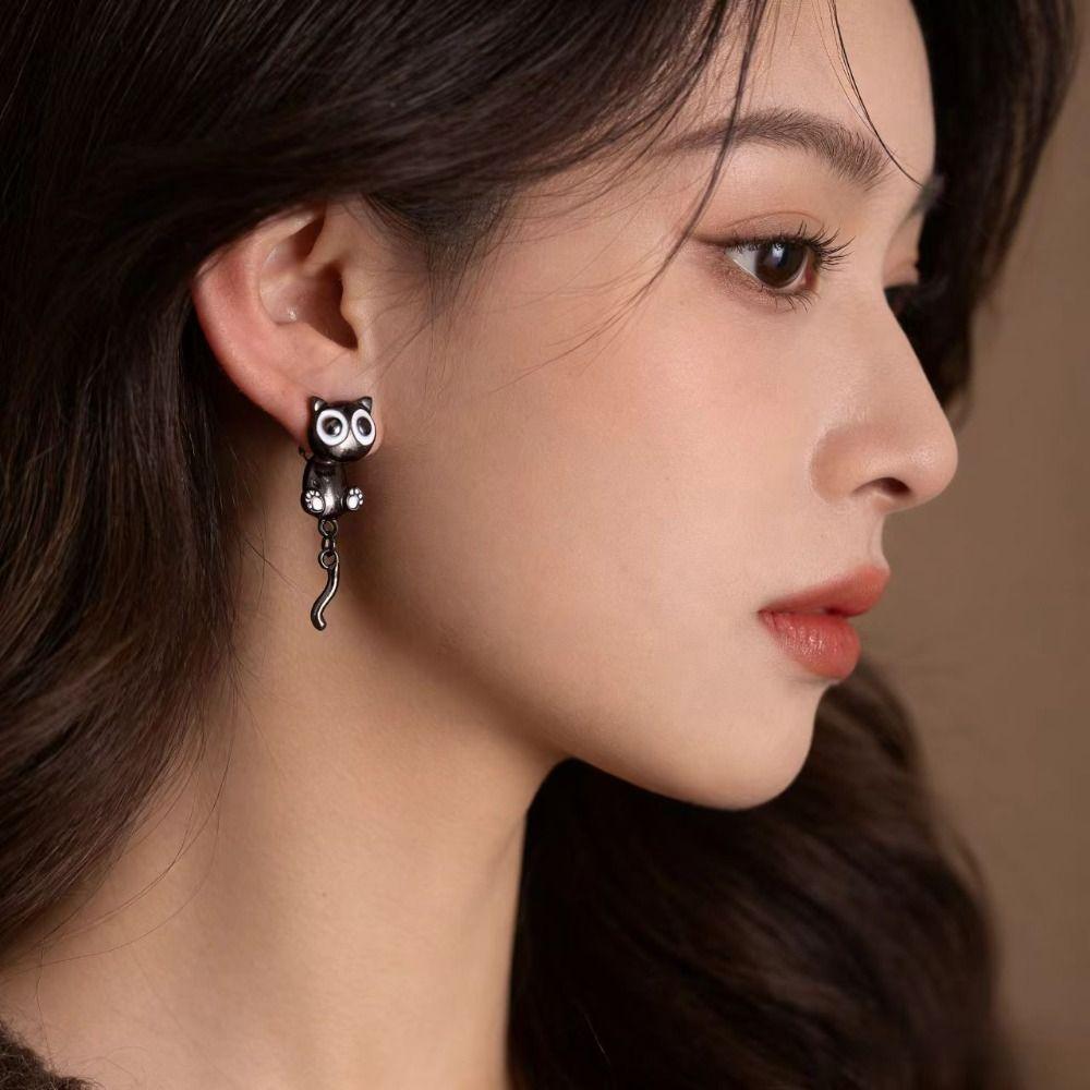 Sweet Black Cat Drop Earrings Alloy Light Luxury Earrings Black Kitten Earrings For Girl Women
