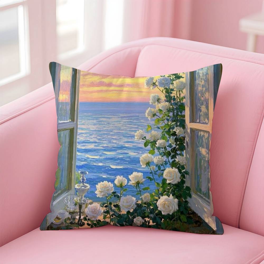 Landscape Painting Style Pillow Case Pattern Printing Pillowcase Living Room Sofa Cushion Cover Bedroom Room Decor