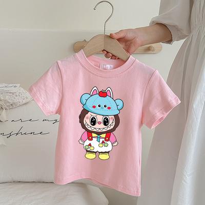 Детская розовая футболка Labubu Мультяшное аниме Летняя с коротким рукавом Модная милая футболка для девочки