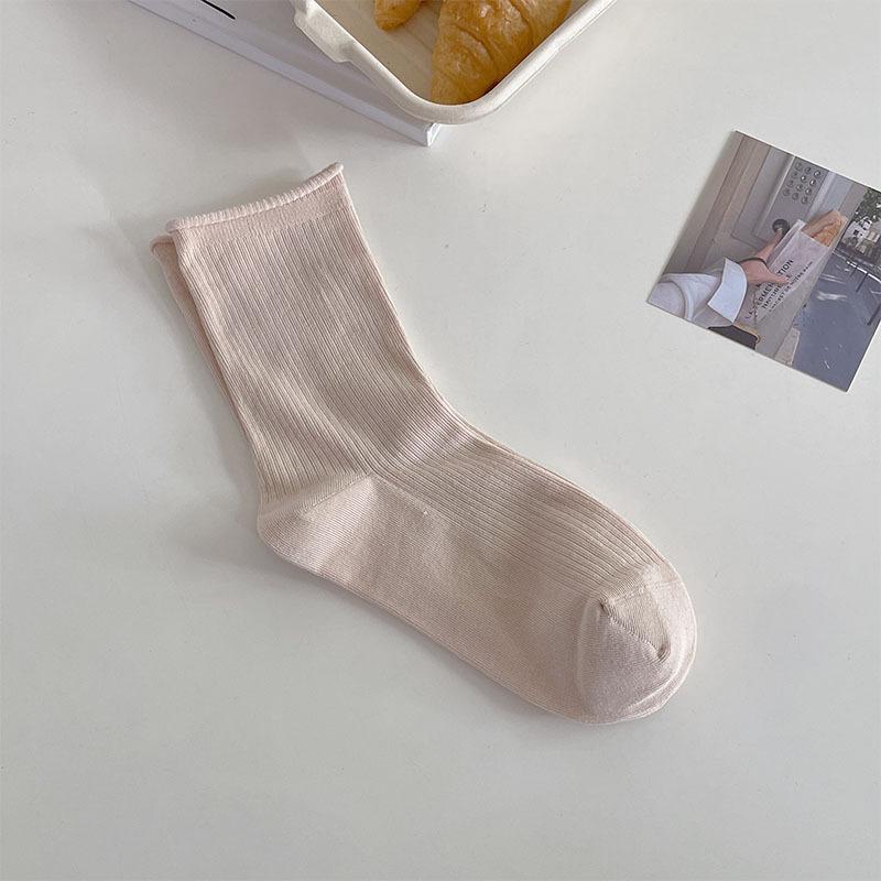 Однотонные женские носки, хлопковые тонкие дышащие эластичные длинные носки, школьные носки в японском стиле для девочек, черные, белые, серые, средние носки-трубы