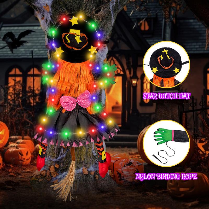 Halloween Glowing Witch Ornament with Colorful Lights, Hanging Witch Decor for Porch, Yard, Tree, Outdoor