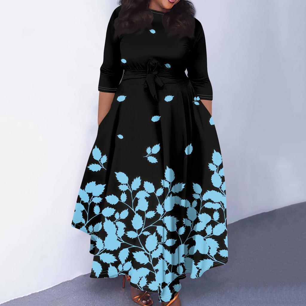 Женское повседневное модное свободное платье большого размера с цветочным принтом и круглым вырезом, рукавами три четверти, карманами и бретелями