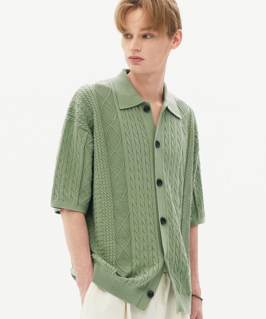 TRILLION Washable Cable Half Sleeve Button-Up Knit (Light Green)