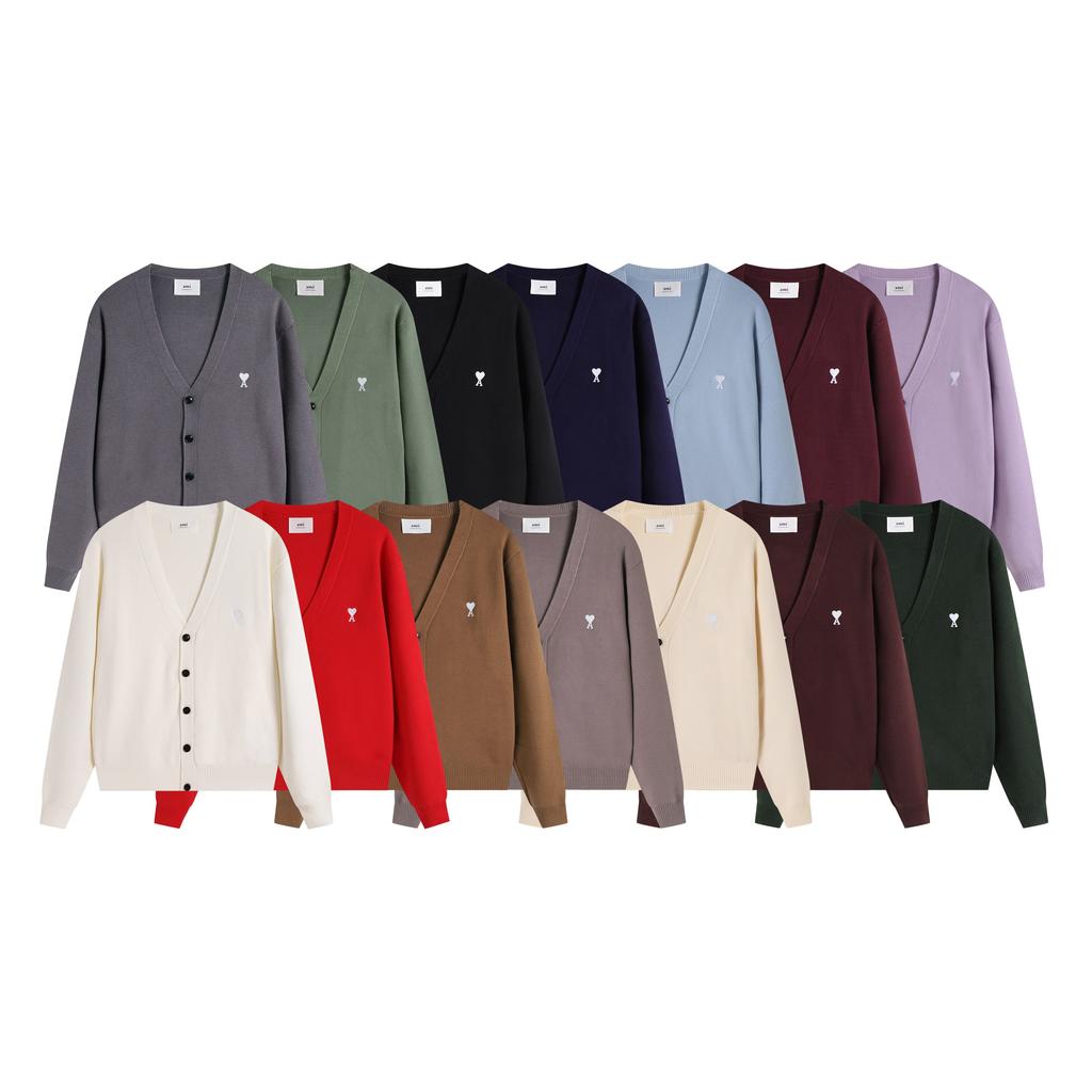 AMI Autumn and Winter New Little White Heart Alpaca Wool Blended Soft and Sticky Knitted Cardigan Round Neck Cloud Sweater Pocket Coat