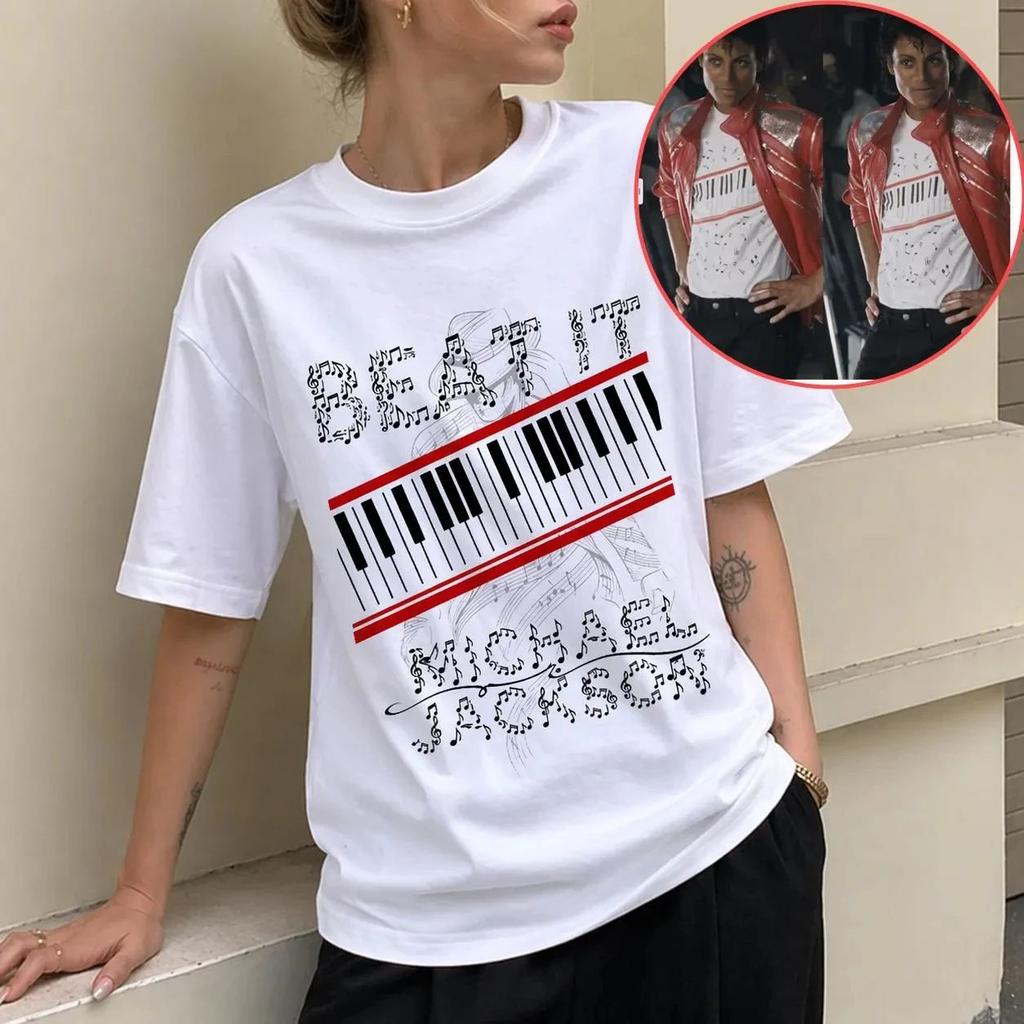 Футболка Король Поп-музыки Майкл Джексон Beat It С рисунком клавиш пианино Футболка для пар Повседневная Свободная Уличная одежда Рок Винтажная одежда