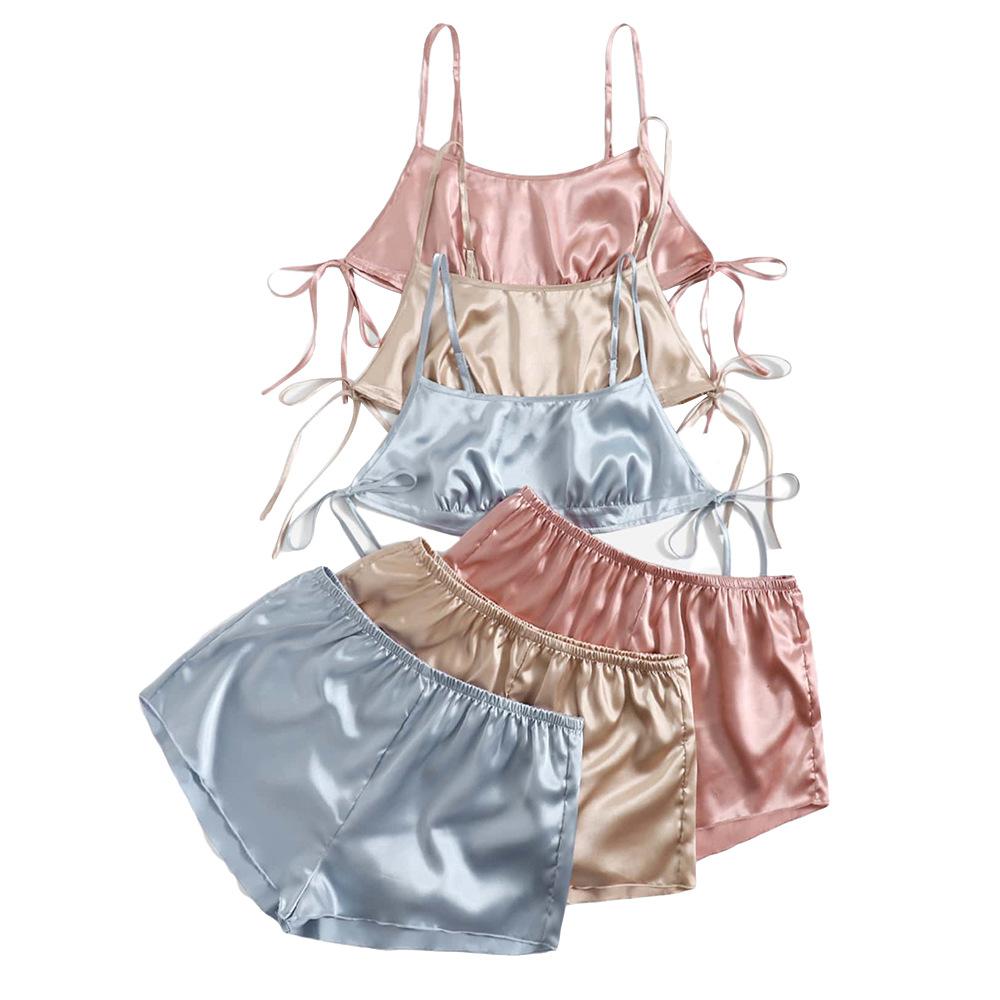 Женская горячая сексуальная однотонная пижама из ледяного шелка, сексуальные шорты на подтяжках, комплект домашней одежды из двух предметов