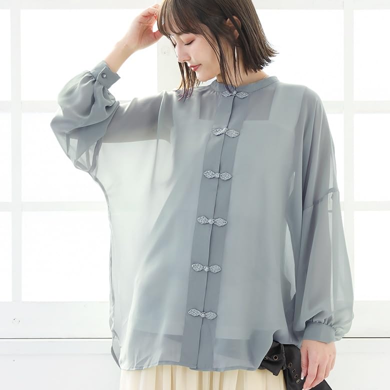 Oshare Walker Sheer Chinese Long Chinese Mao Puff Voluminous Pastel Tfn0383 n'OrLABEL Blouse, Women's Top, Sleeves, Buttons, Collar, Stand-Up Collar,