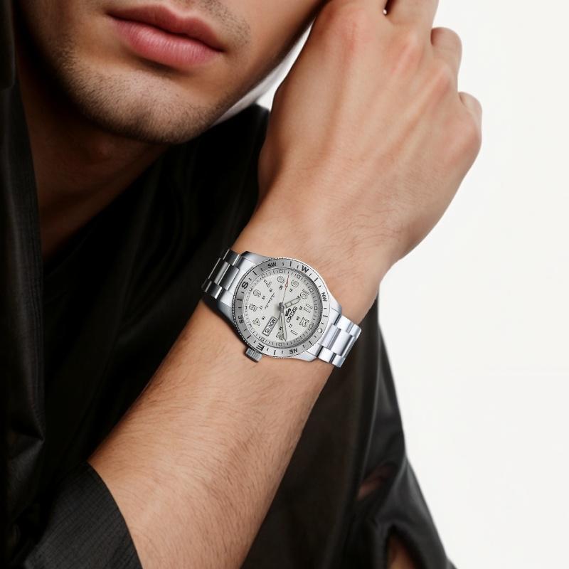 Seiko 5 Спортивная Серия 100М Водонепроницаемые Отображение Даты Автоматический Ручной Механический Механизм Браслет из Нержавеющей Стали 41мм Часы Белый Циферблат HDB007
