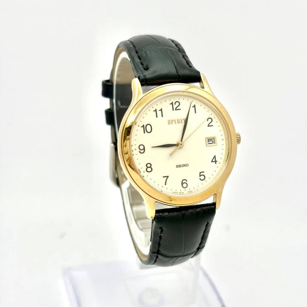 Used [NEW BATTERY] SEIKO SPIRIT Men's Watch Gold Date 5E32-6A3A 271424 New Belt