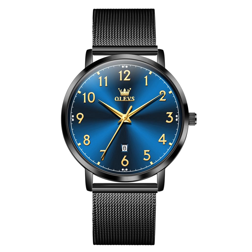 OLEVS Business Casual Watch with Roman Alphabet Waterproof and Luminous Black Leather Strap and Mesh Analog Quartz Date Perfect Gift for Men Men's