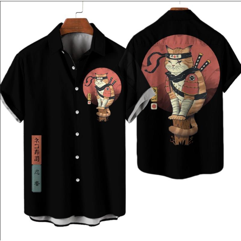 Повседневная гавайская рубашка мужская японская рубашка с 3D-узором Bushido мужские рубашки мультяшные животные кошка 3D-печать мужская рубашка мужская одежда