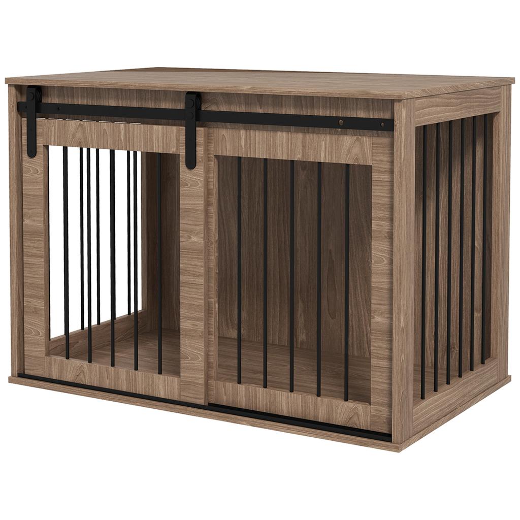 Dog Box Dog Crate Lockable Wood Look Rustic Design 98 Cm X 58 Cm X 61 Cm Walnut And Black