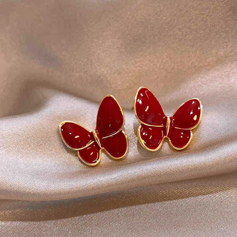 Ankara Red Stud Earrings: Silver Needle Drip Oil, Simple and Versatile Fashion for Women.